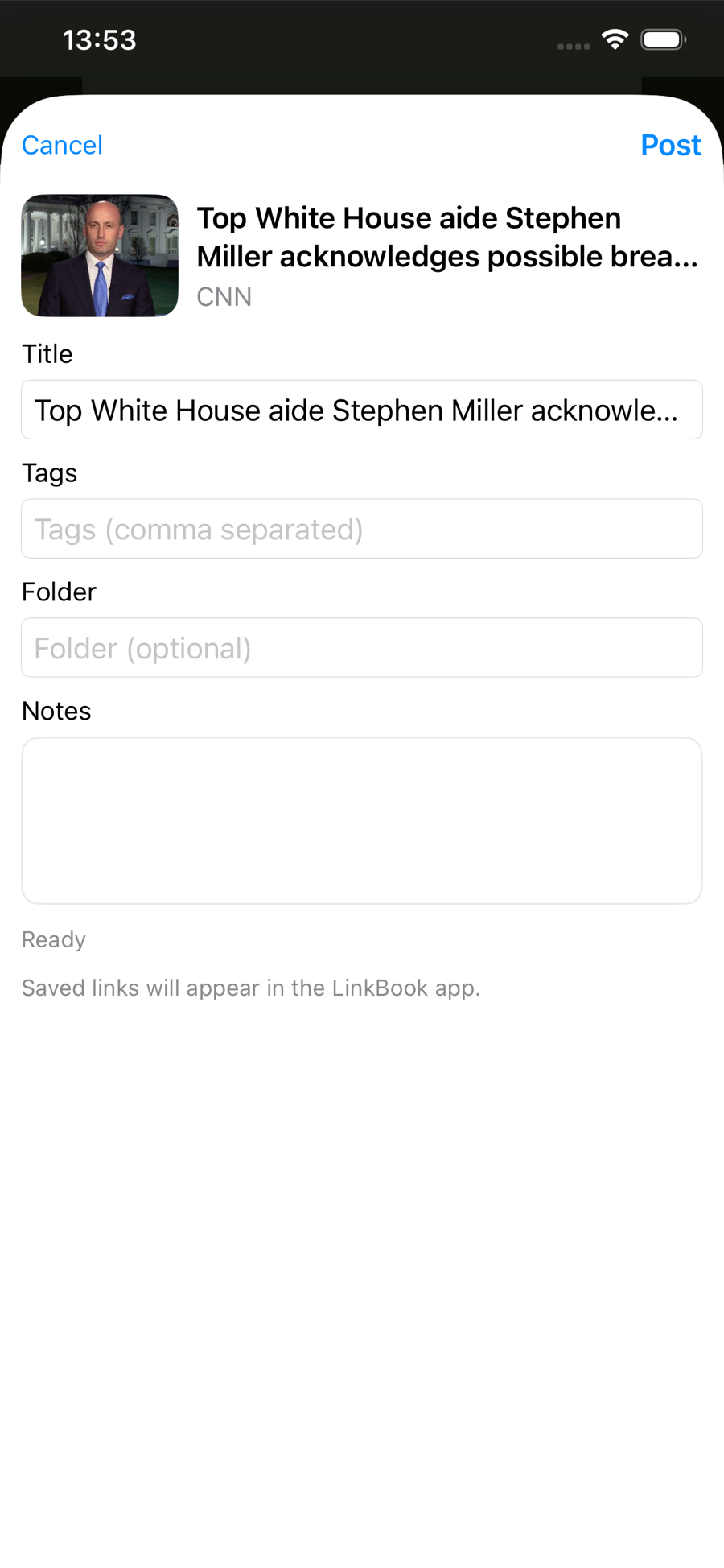 LinkBook share sheet for saving a link