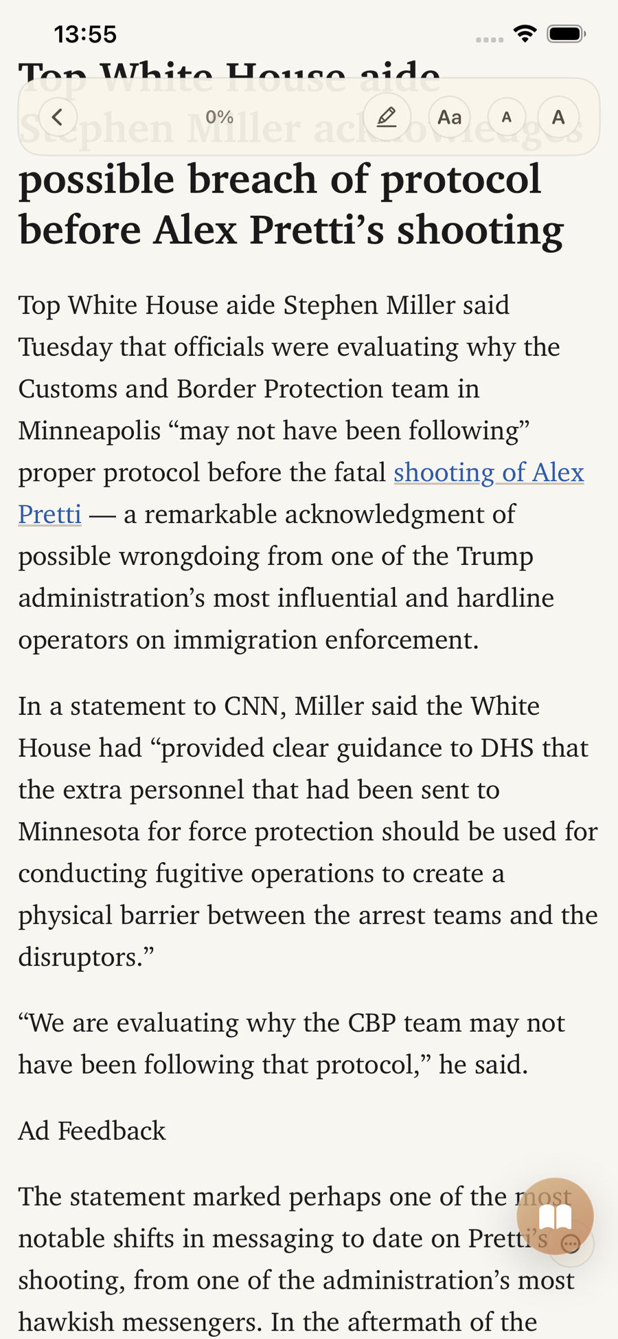 LinkBook Reader Mode showing article text