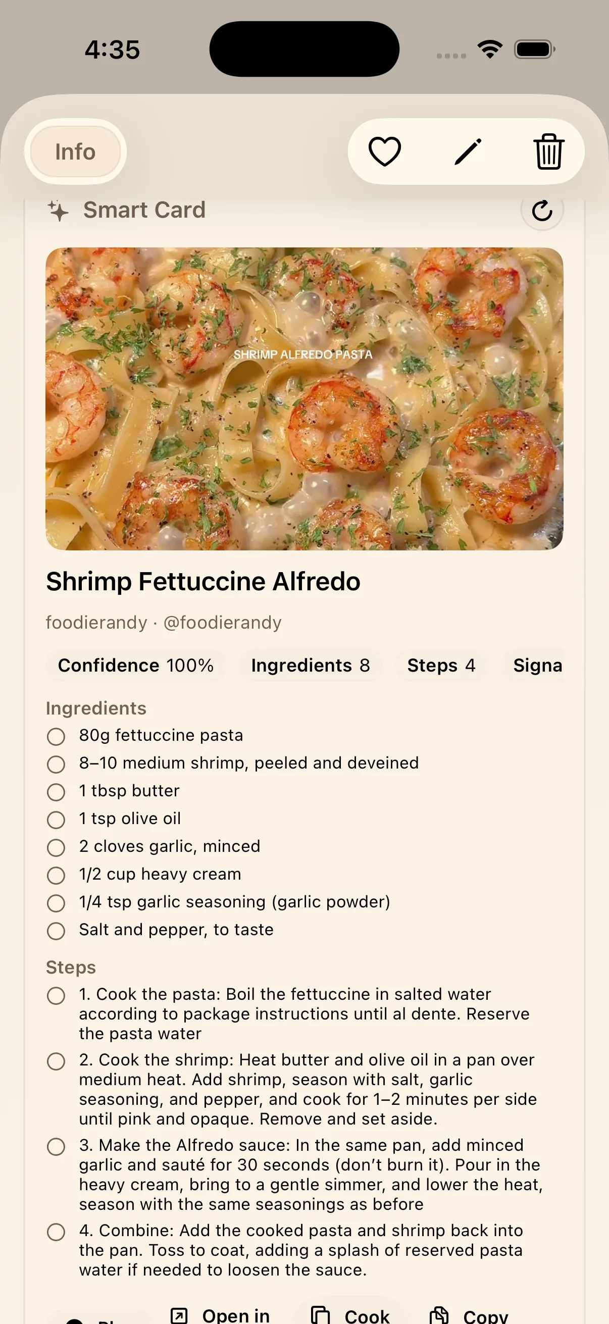 LinkBook shrimp alfredo TikTok recipe Smart Card with extracted ingredients and steps
