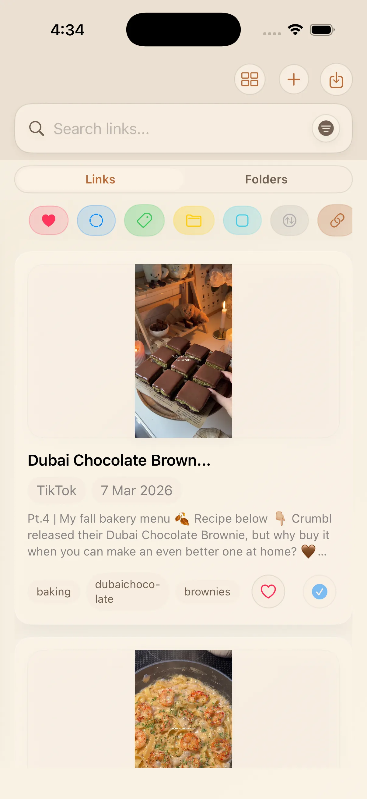 LinkBook library showing a saved TikTok with extracted title and tags